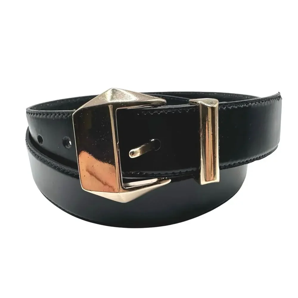 Zara | Women | Black Solid Geometric Brass Buckle Leather Belt | Size EU 85